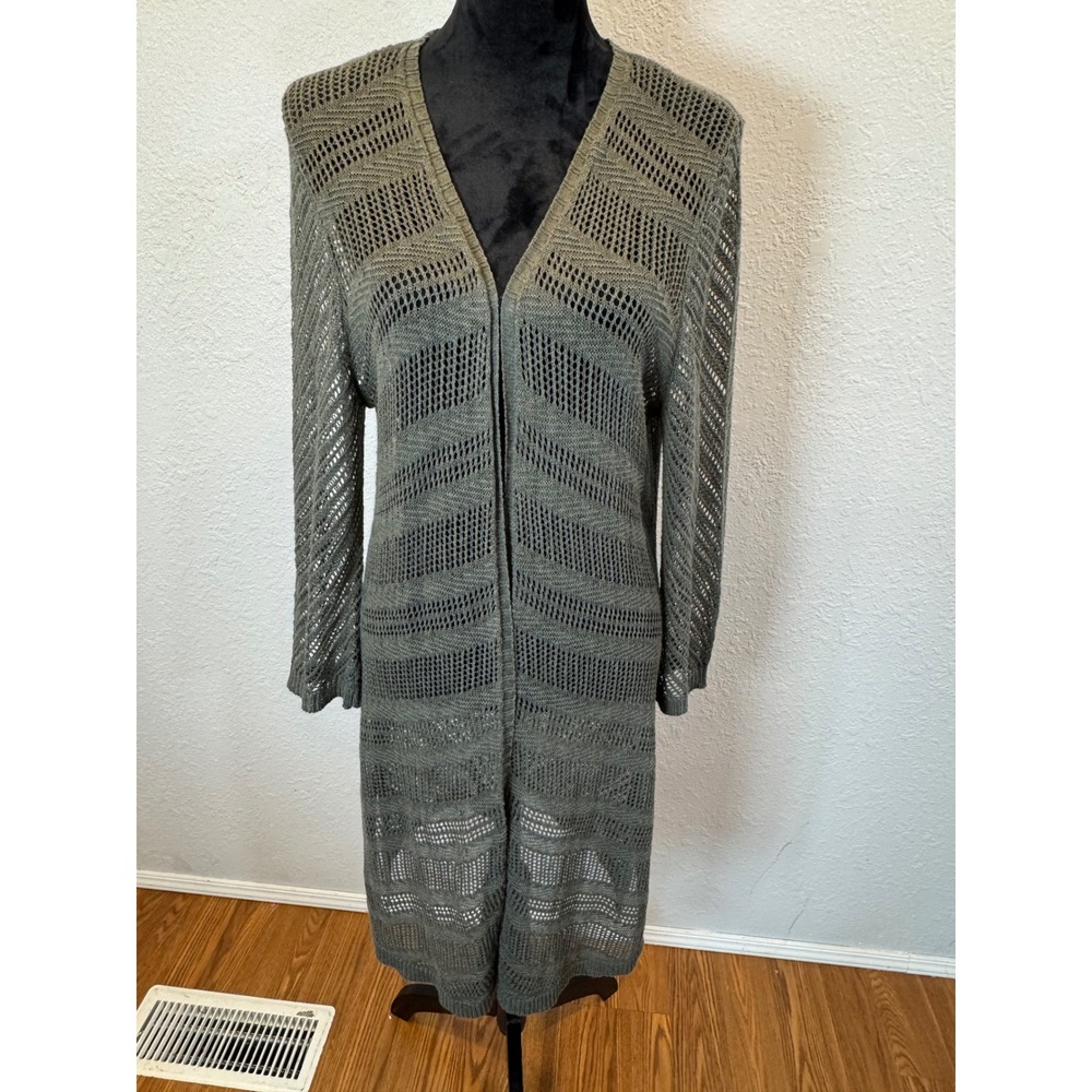 Westport Womens XL Olive Green Pointelle Open Knit Duster Cardigan Sweater Long